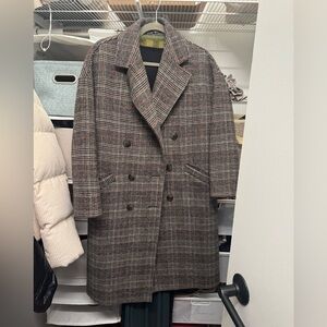 women Double-Breasted Plaid Overcoat - Brown/Gray